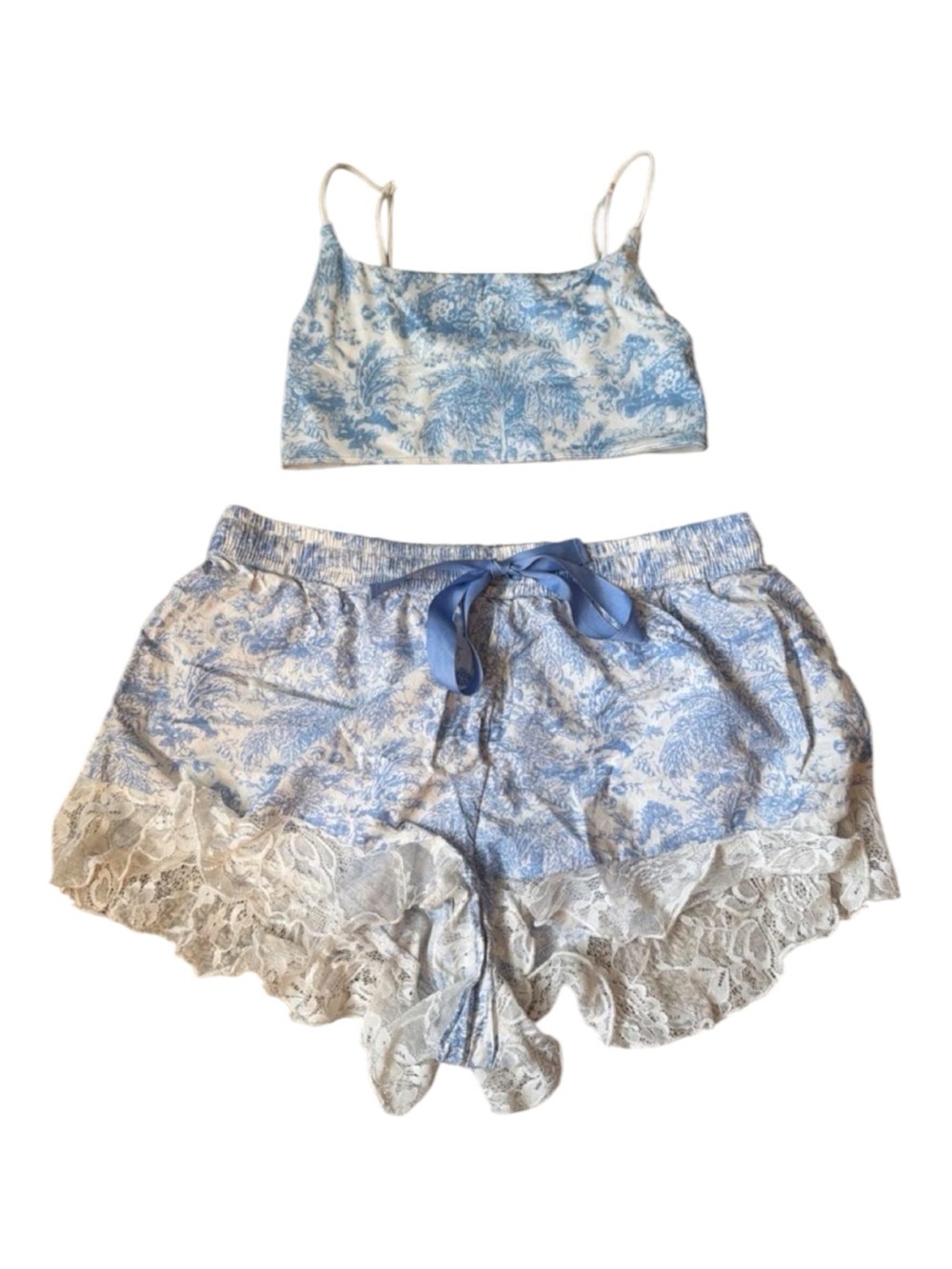 By Anthropologie Blue Toile Lace Cami & Shorts Pajama Lounge Set XS/S